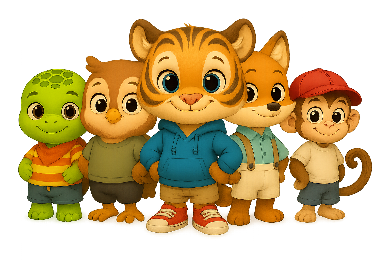 Five Story Heroes characters: a turtle, owl, tiger, fox, and monkey.